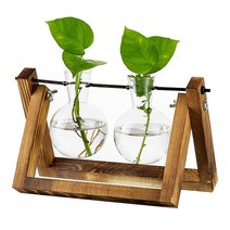 Glasseam 나무 스탠드 업그레이드가 있는 화분 레트로 걸이식 번식 스테이션 수경법 실내 사무실 책상 장식 액세서리용 단단한 스탠드가 테라라늄 식물 홀더 전구 2개 577, Wooden Rack