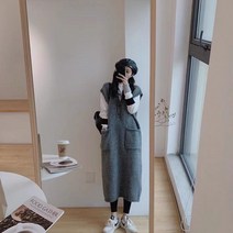 HXT 여성 브이넥 니트 조끼 롱원피스 무지 포켓 오버핏 빅사이즈 겨울원피스 M~3XL