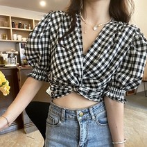 [레티고] 퍼프 브이넥 체크 크롭 꼬임 반팔 블라우스