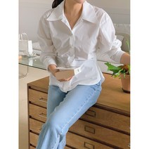 메건 셔링 주름 허리 라인 카라넥 퍼프 핀턱 모던 오피스 셔츠 데님코디