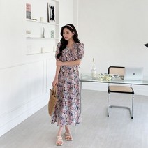 청평화 오렘프 플라워 퍼프 랩 끈 반팔 롱 원피스