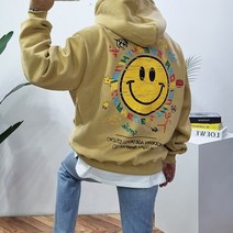 바이코드 남녀공용 헤비 양기모 회오리 스마일 프린팅 후드티셔츠(3컬러)