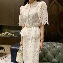 여름 레이스 크로 셰 뜨개질 두 조각 세트 여성 짧은 소매 탑 벨트 높은 허리 미디 스커트 우아한 사무실