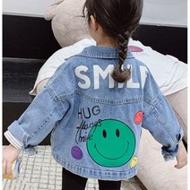 아이옷 세 봄 가을 데님 걸스 코트 스마일 패턴 풀 슬리브 윈드 브레이커 92