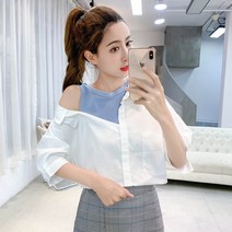 검정색긴팔셔츠 오픈숄더스타일 여성 봄 여름 스타일리쉬 숏 매너 와이셔츠 끈나시 슬립 페이크 638361661