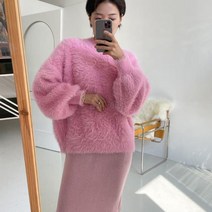 브이와이 여자 부클 벌룬 긴팔 니트 루즈핏 비비드 무지 티셔츠