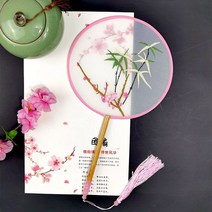 너슬부채 한국무용 전통 부채춤 여성 댄스 자수 꽃 핸드 헬드 나무 손잡이 팬 빈티지 반투명 중국 스타일 라운드 실크 술, 27 27