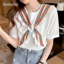 나바바 NB746 여성 리본 라운드넥 반팔 블라우스