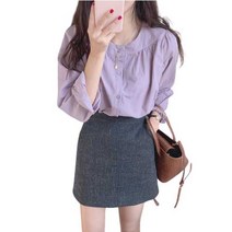 여성블라우스 퍼플 정장 오피스룩 프릴 면접 증명사진 데이트룩 봄가을 긴팔 블라우스