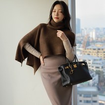 울 80% 터틀넥 케이프 숄 가디건 판쵸 여성 도톰 니트 스웨터 머플러 크롭