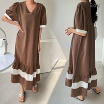 린넨 브이넥 배색 롱원피스 여름 원피스 시원한 XA892