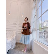 AMAZACER 리얼 샷 2021 봄 여름 새로운 대형 컬러 스티치 여성 의류 통통한 여자 광택 새틴 스커트 짧은 소매 드레스 도매