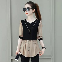 besteffie 봄 가을 여성 레이어드 블라우스 라운드 배색 루즈핏 빅사이즈 긴팔 셔츠 상의 캐주얼 M~3XL A86