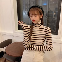 슬림줄무늬윗도리 목폴라 겉옷 겨울 가을 여성 긴 소매 스키니핏 이너 상의 풀오버 후드 체형커버니트 1015433722