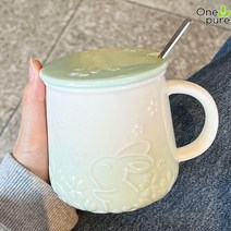 도자기커피잔 티컵 카페 선물용 홈 북유럽 이쁜찻잔, 벚꽃토끼연두-덮개+일반스푼