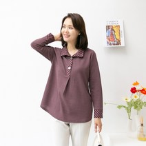 엄마옷마미소 잔체크카라셔츠 반목 하이넥 집업카라티셔츠 체크배색 엄마셔츠 빅사이즈 5060중년여성의류