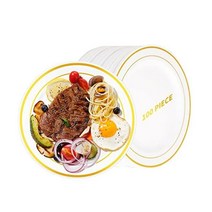 361329 Ricpok 골드 플라스틱 접시 헤비 듀티 100개 10.25인치 림 일회용 디너 웨딩 파티 용품에