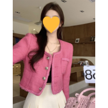 여자 트렌디 세련 여신핏 핫핑크 숏 트위드 재킷 자켓