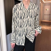 개인화 된 아이스 실크 셔츠 남성 봄 새로운 캐주얼 긴 소매 느슨한 얇은 표범 인쇄 셔츠