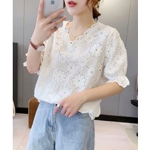 펀칭블라우스 레이스 아일렛 벌룬 여자 자수 브라우스 예쁜 빅사이즈 반팔 셔링 쉬폰 빅카라 셔츠