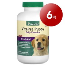 리암마켓 NaturVet 네이처벳 강아지용 건강 구취 제거 관리 보충제 데일리 비타민 플러스 츄어블 60정 1팩, 6팩