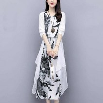 린넨원피스 국제 전문제공 린넨 원피스 세트 2022루즈핏 에스닉스타일 수묵화 롱스커트 투피스 여성