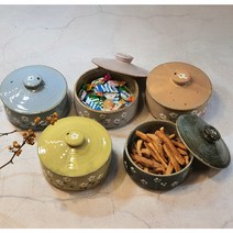 핸드메이드 도자기 뚜껑그릇 반찬그릇 간식그릇 야생화 소, 진청, 대