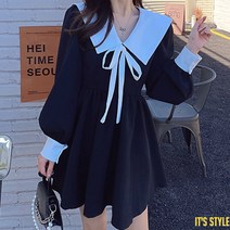 잇츠스타일 [L-4XL] 퍼프 인형 칼라 리본 슬림 미니 원피스