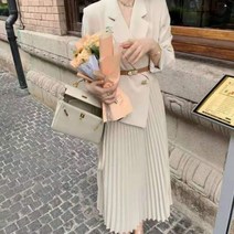 벨티드 A라인 플리츠 롱 원피스 플레어 30대 단아한 상견례 하객룩 정장 크림색 블랙