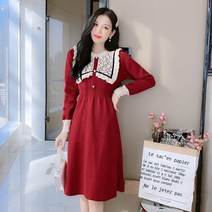 인형 칼라 레드 니트 드레스 여성 가을과 겨울 신 기질 바닥 스웨터 드레스 블랙 S