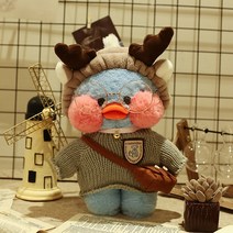PKTOYS DIY서프라이즈 보들보들하고 만화 봉제 빵빵덕 오리 생일 발렌타인 스마스 데이 선물, 사슴 뿔 헤어밴드 그레이 스웨터 브라운백, 30cm