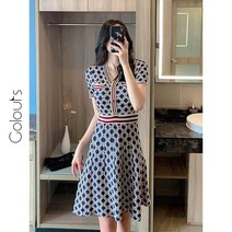 반팔니트원피스 여름옷 프렌치 클래식 스윗 허리보정 슬림핏 블러킹 아가일무늬 체크무늬 여성 3691027490