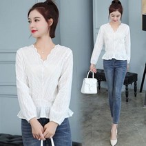 기타 F55421 예쁨주의 허리셔링 펀칭레이스 V넥 블라우스, 본상품선택