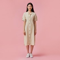 [JAJU/자주] 여 리넨 버튼 반팔 원피스_오트밀