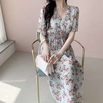 러블리아미에 / 브이넥 스모크 밴딩 플레어 플라워 롱 원피스