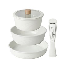 엔젤쿡 세라믹 코팅 탈착핸들 쿡웨어세트 5P, 아이보리, 18cm냄비+유리뚜껑+22cm웍냄비+24cm팬+탈착핸들