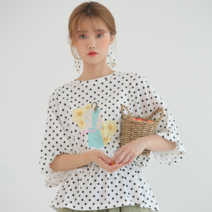 핑커바웃 유니크 도트 프린트 허리 밴딩 티셔츠-화이트