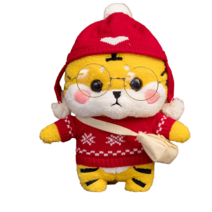 PKTOYS 귀여운 행운 건강 동물 봉제 인형 재물 장식 호랑이 인형 쿠션 생일 크리스마스 선물, 흰 사랑 모자 빨간 눈송이 스웨터 배낭 안경, 30cm