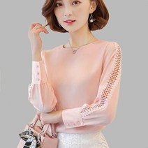 로즈드림 입술카라 쉬폰 소재 어깨라인 레이스볼륨 셔링소매 블라우스LHY_DSB02303