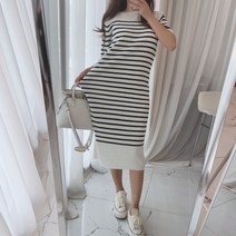 니트 반팔 단가라 스트라이프 보트넥 원피스