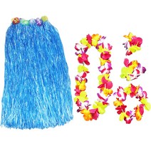하와이 꽃세트 꽃레이 훌라 치마 스커트 춤 하와이안 무용 의상, 꽃세트+80cm훌라치마(블루)