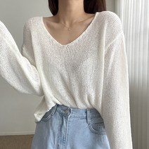 에이치스 여리여리 여성스러운 루즈핏 브이넥 얇은 부클니트