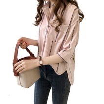 베러댓걸 세로플라워 스트라이프 7부 블라우스