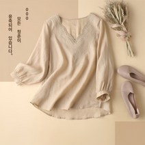 브랜드 쇼핑몰 유명 철수 꼬리 상품 여성 일본 린넨 5부소매 셔츠 자수 브이넥 면마 반팔 상의