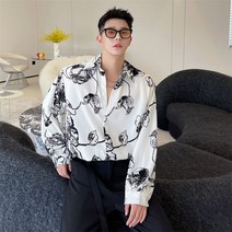 특이한 긴팔 셔츠 캐주얼 유니크한 남자 화려한 남방 플라워 패턴 K23