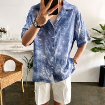 웨일즈 여름 오버핏 린넨 오픈 카라 물나염 반팔 셔츠_(3 Colors)