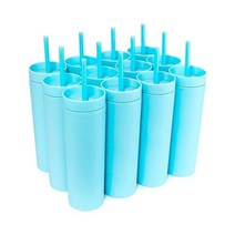 STRATA CUPS Periwinkle 뚜껑과 빨대가 있는 스키니 텀블러 (12팩) 473 2ml(16온스) 이중벽 아크릴 톨 매트 무료 빨대 클리너가 벌크 재사용 가능한 컵 미, 하늘색
