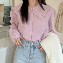 로로텐 스트라이프 프릴 빅카라 블라우스 셔츠 면 여성 빅사이즈