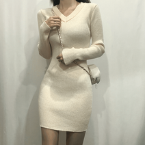 [핏보장] 하이어 텐션 쫀쫀 스판 브이넥 슬림핏 긴팔 골지 니트 미니 원피스 (3 color)