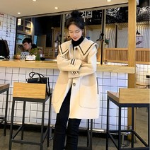Mao네이비 칼라 코트 중간 길이 새로운 한국어 스타일 대학 스타일 작은 싱글 A 라인 모직 코트